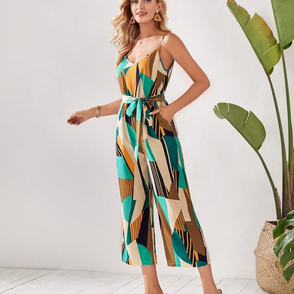 New Patchwork Print Belted Slip Jumpsuit - Picture 3 of 5